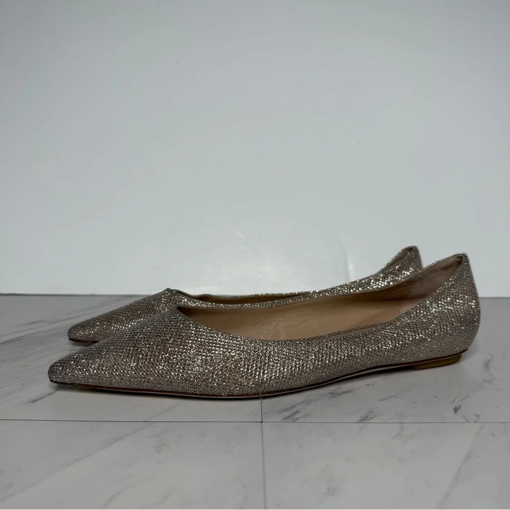 Stuart Weitzman Pointy Toe Gold Sliver Glitter Flat 8B